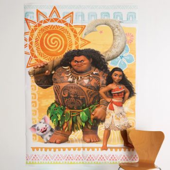 Animated characters with tropical design background.