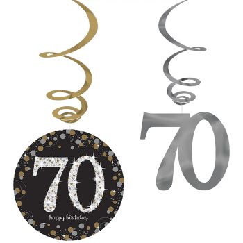 70th birthday hanging decorations, gold and silver.