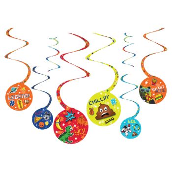 Colorful emoji-themed hanging party spirals.