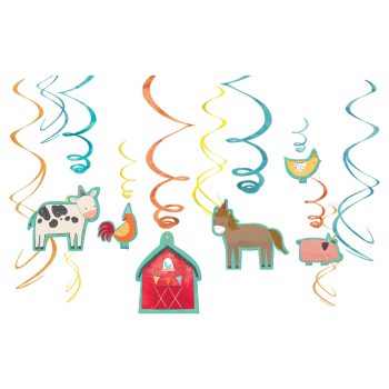 Farm animals and barn with colorful spirals.