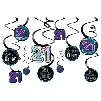 21st birthday decorations with hanging spirals.