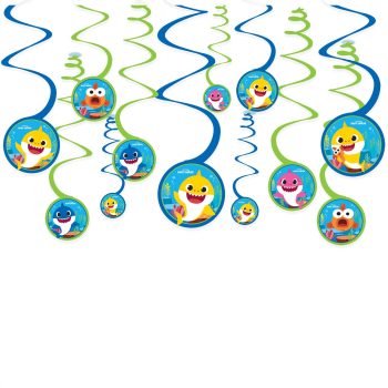 Colorful shark-themed hanging decorations with spirals.