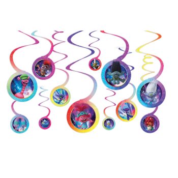 Colorful Trolls-themed hanging swirl decorations.