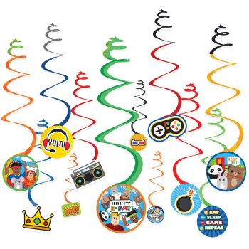 Colorful birthday-themed hanging decorations with spirals.