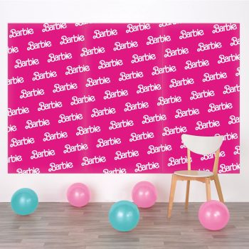 Pink Barbie-themed backdrop with colorful balloons.