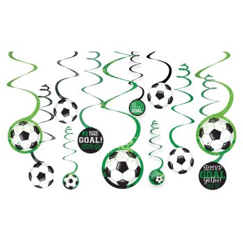 Decorative soccer-themed hanging swirls with soccer balls and goal signs.