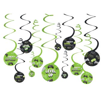 Green and black gamer-themed hanging decorations.