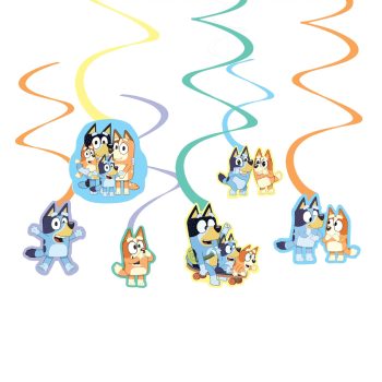 Cartoon dog family with colorful streamers.