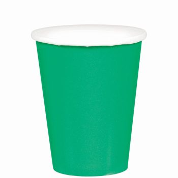 Green paper cup with white lid.