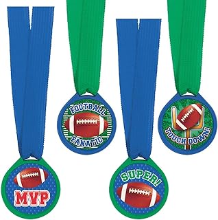 Three sports medals with blue and green ribbons, featuring football-themed designs and MVP text.