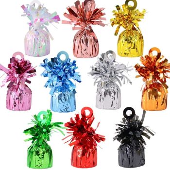 Colorful metallic balloons weights in various colors with curly ribbons.