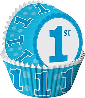 Blue cupcake liner with '1st' design for celebrations.