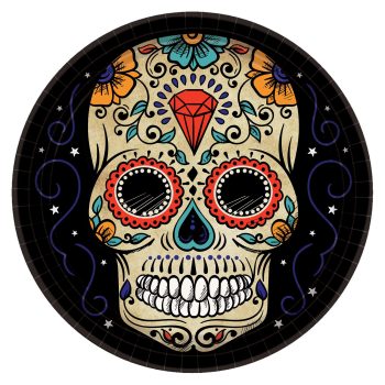 Colorful sugar skull with floral designs.
