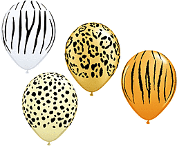 Four animal print balloons with zebra, leopard, and tiger patterns.
