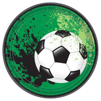 Classic black and white soccer ball with green splash background.