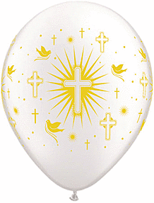 White balloon with yellow crosses and doves.