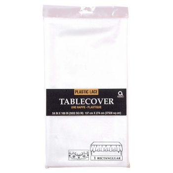 Rectangular white plastic lace tablecover package.