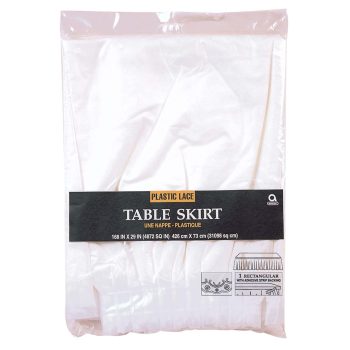 White plastic lace table skirt packaging.