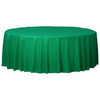 Green round table with cloth cover.