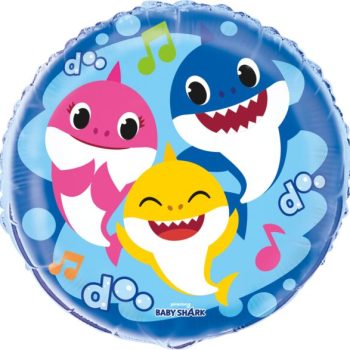 Three colorful cartoon sharks singing joyfully in a blue underwater setting.