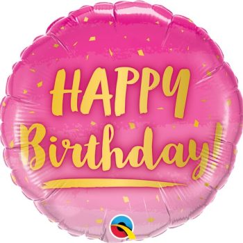 Pink balloon with "Happy Birthday" in yellow lettering.