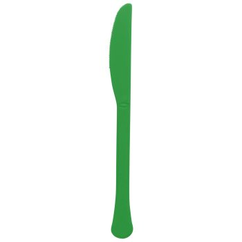 Green plastic knife on white background.