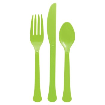 Green plastic fork, knife, and spoon set.