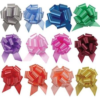 A collection of colorful, decorative bows arranged in rows.