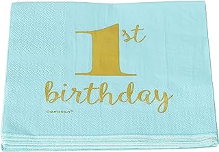 Blue napkin with golden '1st birthday' text.