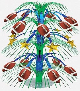 A decorative fountain with footballs and stars as ornaments.