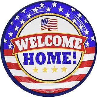A patriotic circular sign saying 'Welcome Home!' with American flag colors and stars.