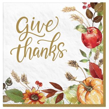Give thanks" with autumn harvest illustration.