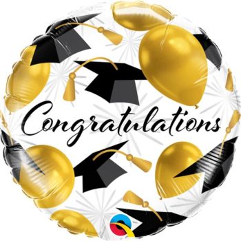 Congratulations balloon with graduation caps and tassels.