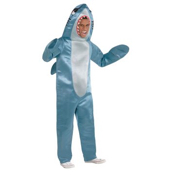 Person wearing a shark costume, smiling widely.