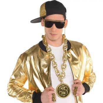 Man in gold outfit with accessories.
