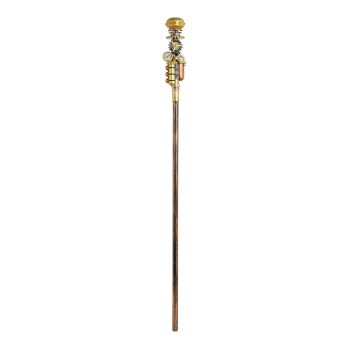 Steampunk-inspired staff with mechanical details.