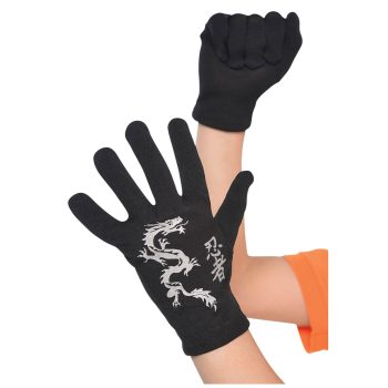 Black gloves with dragon and kanji design.
