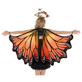 Person wearing butterfly wings costume, arms outstretched.