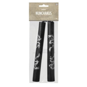 Black nunchakus with white dragon design.