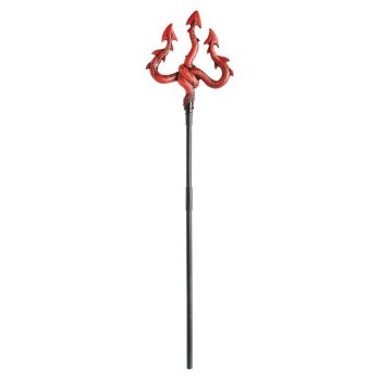 Red trident with dragon design on handle.