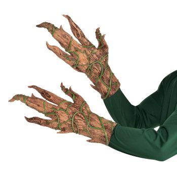 Tree-themed costume gloves on green sleeves.