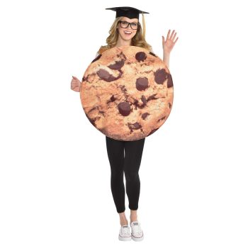 Person in cookie costume wearing graduation cap.