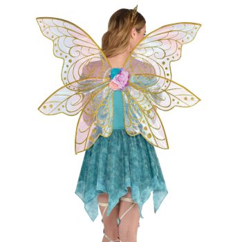 Fairy costume with colorful wings and dress.