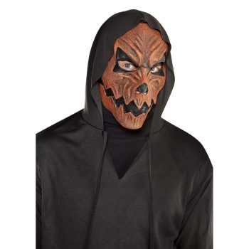Person wearing a menacing pumpkin mask.