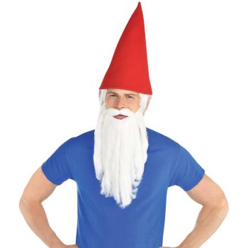 Man dressed as garden gnome, red hat.