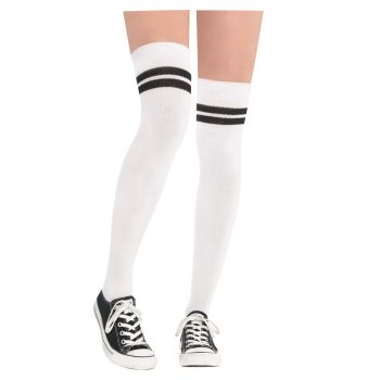 Knee-high socks with black stripes and sneakers.