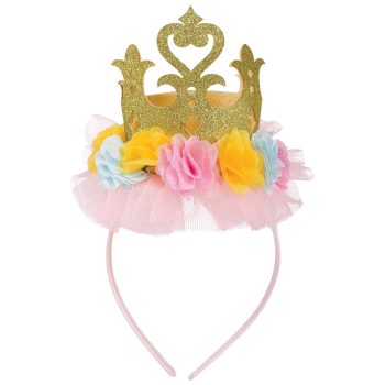 Golden crown headband with colorful fabric flowers.
