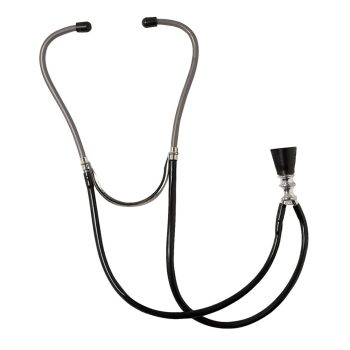 Dual-tube black stethoscope on white background.