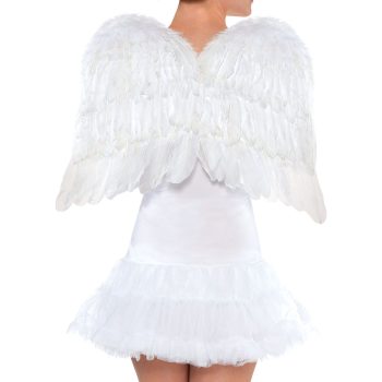 Person wearing white angel wings costume.