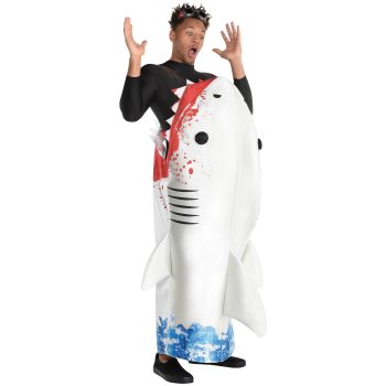Man in a shark attack costume, surprised.